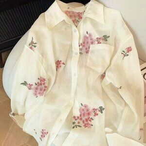 Apricot Casual Women's Romantic Embroidered Floral Long Sleeve Button-Up Shirt